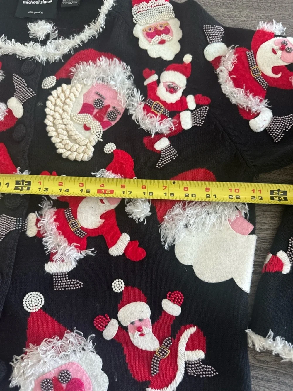 Michel Simon vintage rare Black Santa Knit Button-Front Women's Sweater Cardigan - Picture 9 of 10